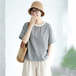 綿麻 半袖 ラウンドネック チェック柄 配色 Tシャツ