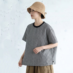 綿麻 半袖 ラウンドネック チェック柄 配色 Tシャツ