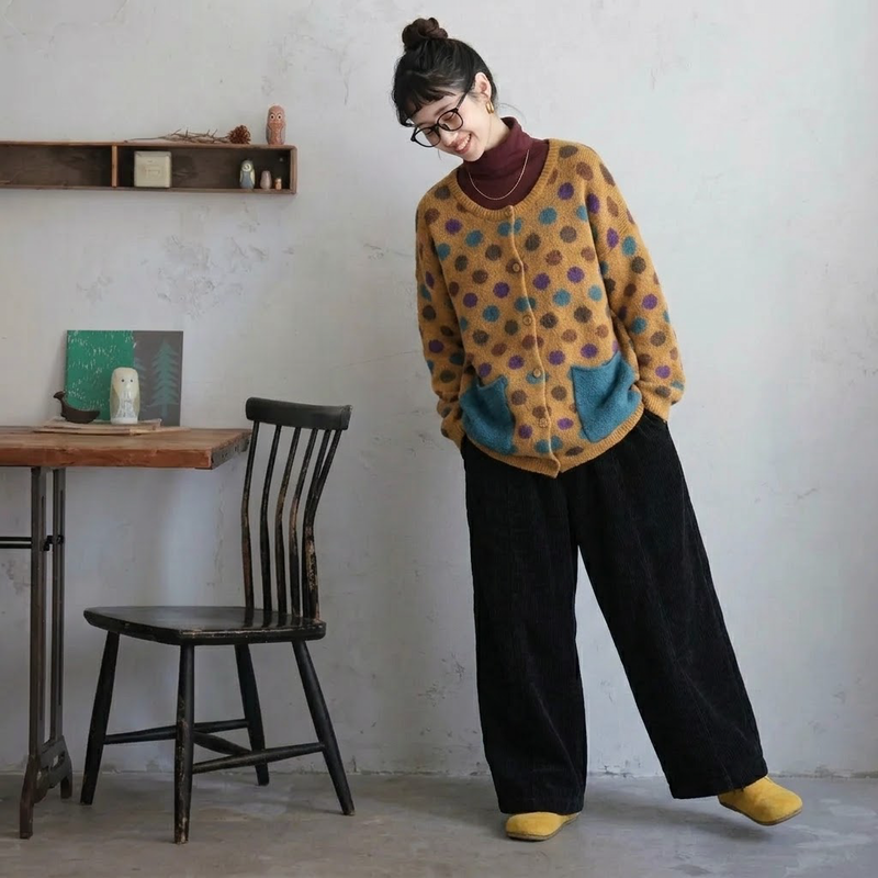 S～5XL ボタン ドット柄 ポケット付き 長袖 カーディガン