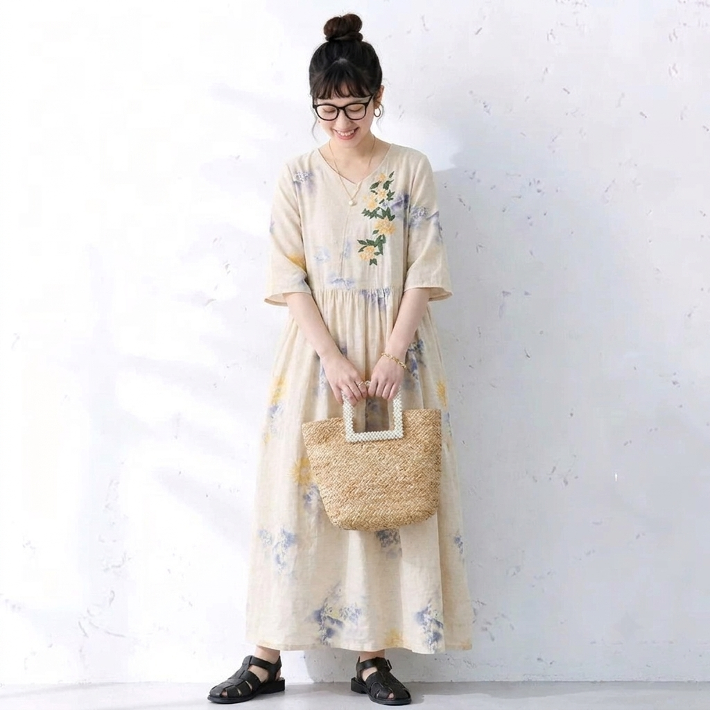 綿麻 花柄 接触冷感 刺繍 ワンピース