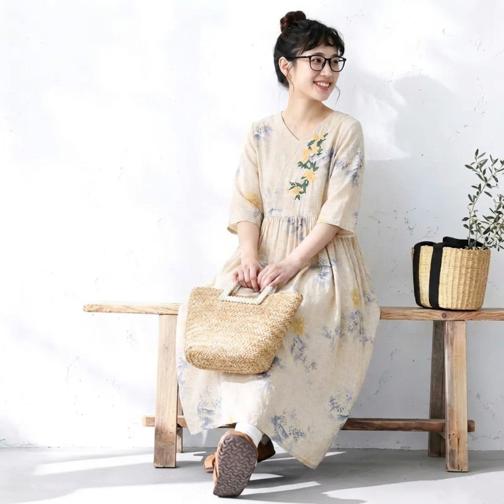 綿麻 花柄 接触冷感 刺繍 ワンピース