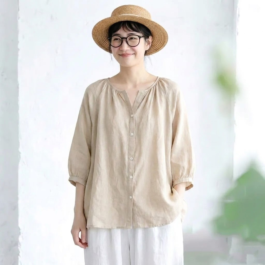 S～5XL 無地 ラウンドネック ボタン シャツ