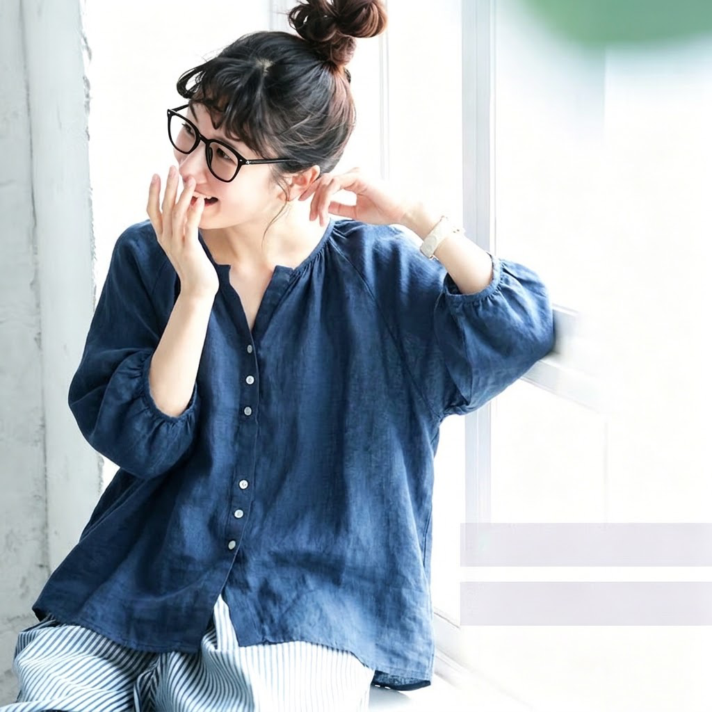 S～5XL 無地 ラウンドネック ボタン シャツ