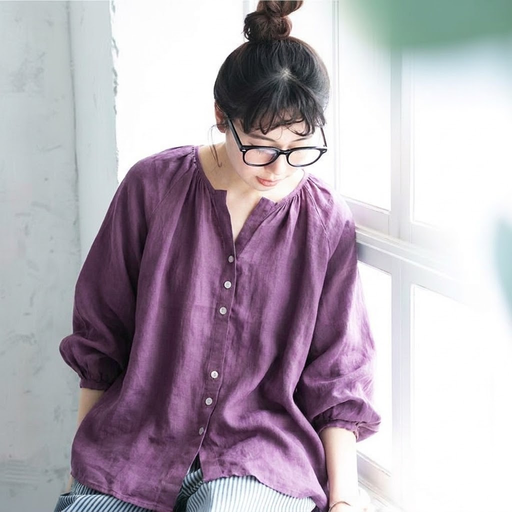 S～5XL 無地 ラウンドネック ボタン シャツ