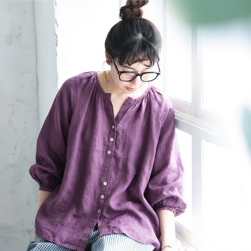 S～5XL 無地 ラウンドネック ボタン シャツ