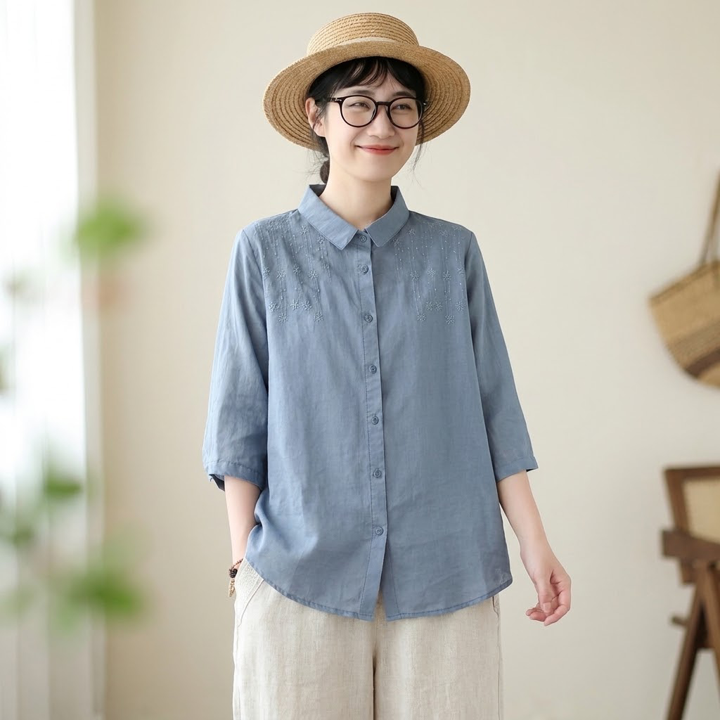穏やかな日々を纏う七分袖刺繍ブラウス