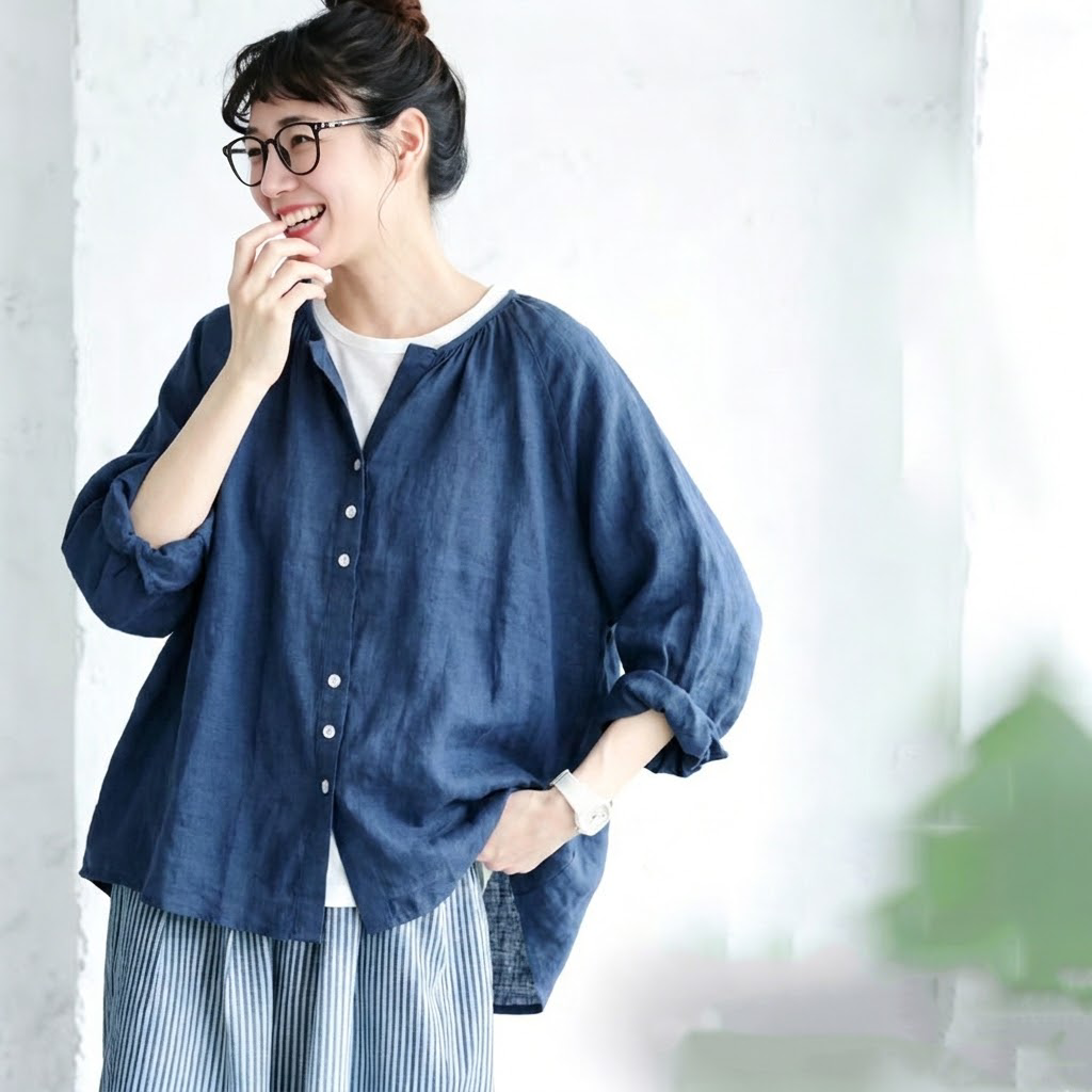 S～5XL 無地 ラウンドネック ボタン シャツ