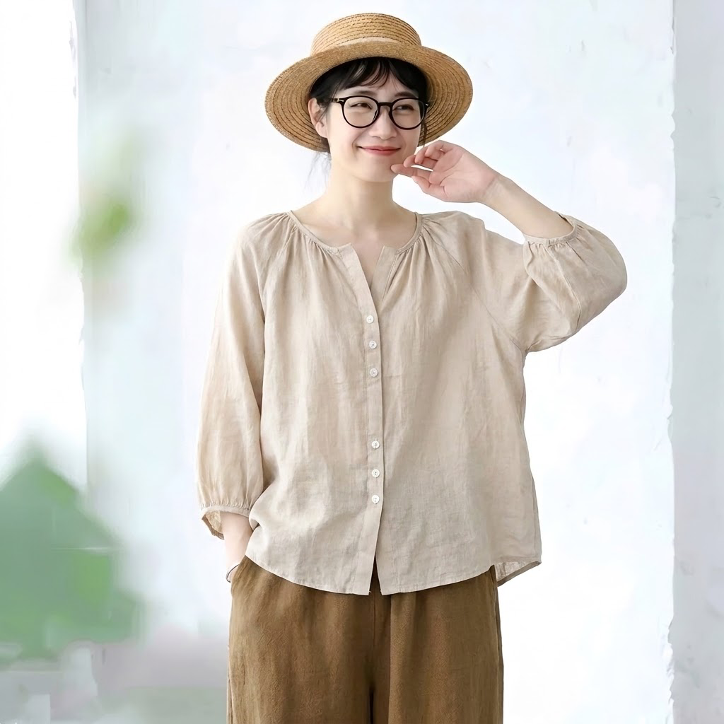 S～5XL 無地 ラウンドネック ボタン シャツ
