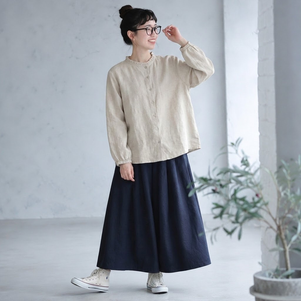 綿麻 バンドカラー長袖シャツ