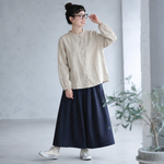 綿麻 バンドカラー長袖シャツ