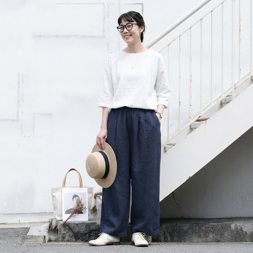 無地 8分丈 ビッグシルエット カジュアルパンツ