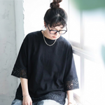 M～4XL レース 切り替え 無地 型崩れしない Tシャツ