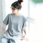 M～4XL レース 切り替え 無地 型崩れしない Tシャツ