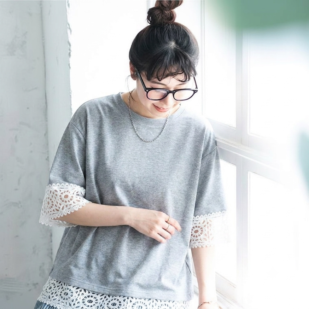 M～4XL レース 切り替え 無地 型崩れしない Tシャツ