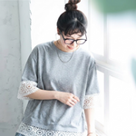 M～4XL レース 切り替え 無地 型崩れしない Tシャツ
