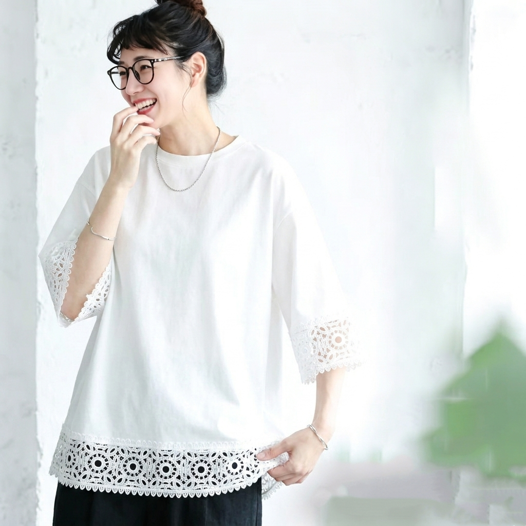 M～4XL レース 切り替え 無地 型崩れしない Tシャツ