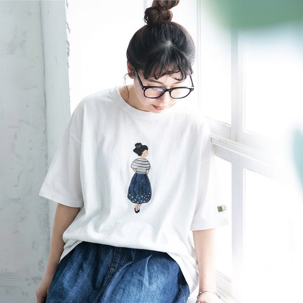コットン ラウンドネック プリント Tシャツ