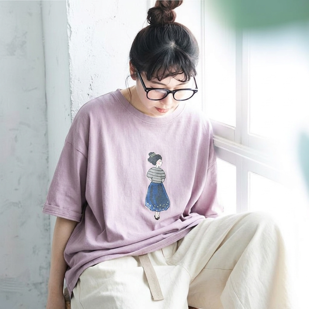 コットン ラウンドネック プリント Tシャツ