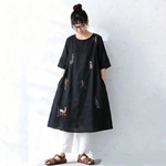 リネン 刺繍 五分袖 ラウンドネック ワンピース