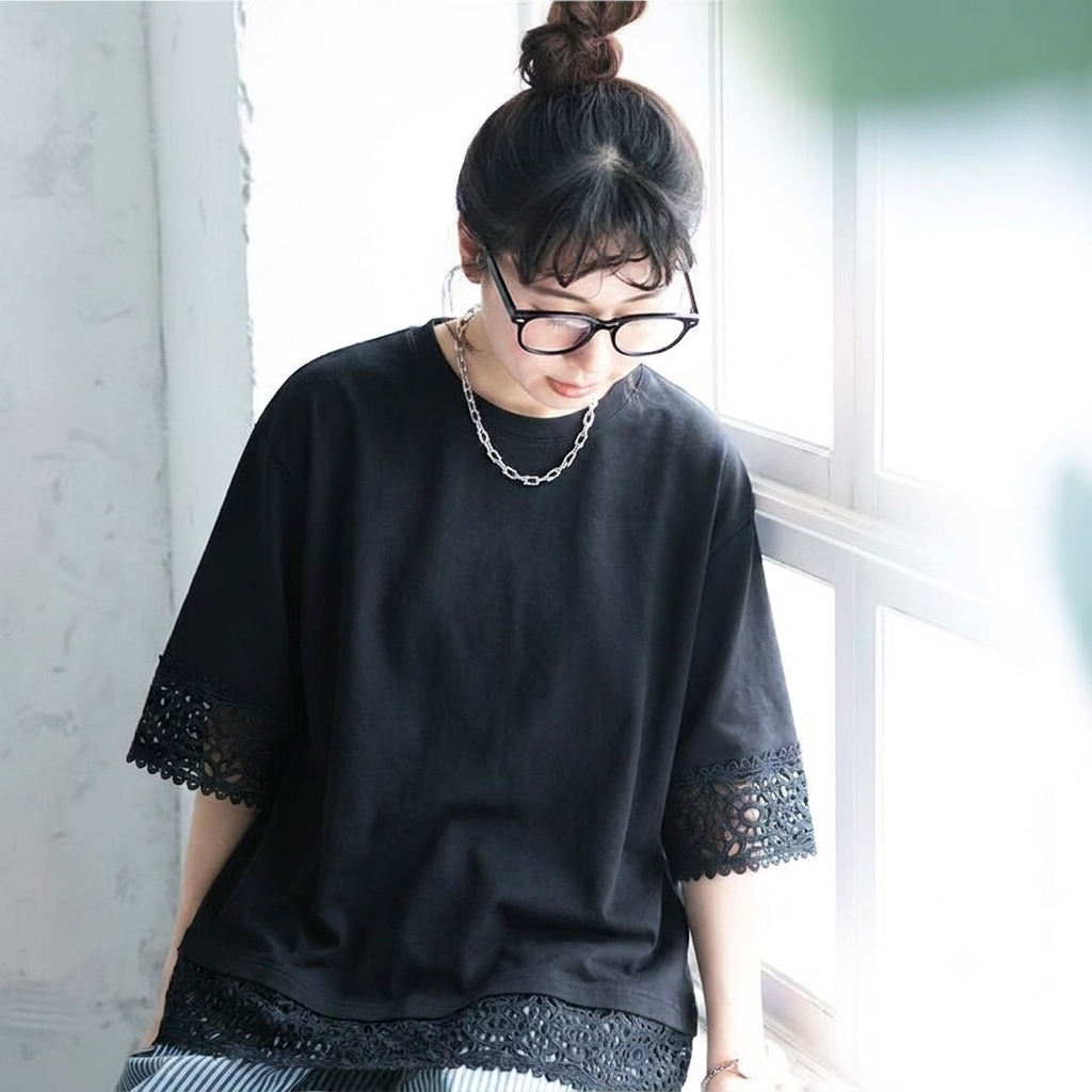 M～4XL レース 切り替え 無地 型崩れしない Tシャツ