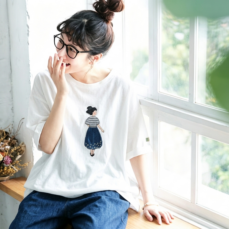 コットン ラウンドネック プリント Tシャツ
