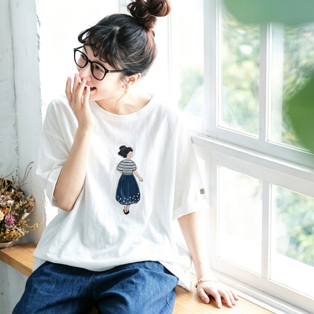コットン ラウンドネック プリント Tシャツ
