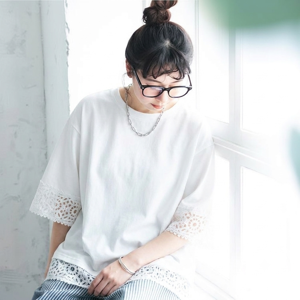 M～4XL レース 切り替え 無地 型崩れしない Tシャツ