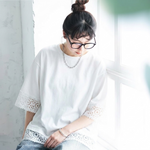M～4XL レース 切り替え 無地 型崩れしない Tシャツ