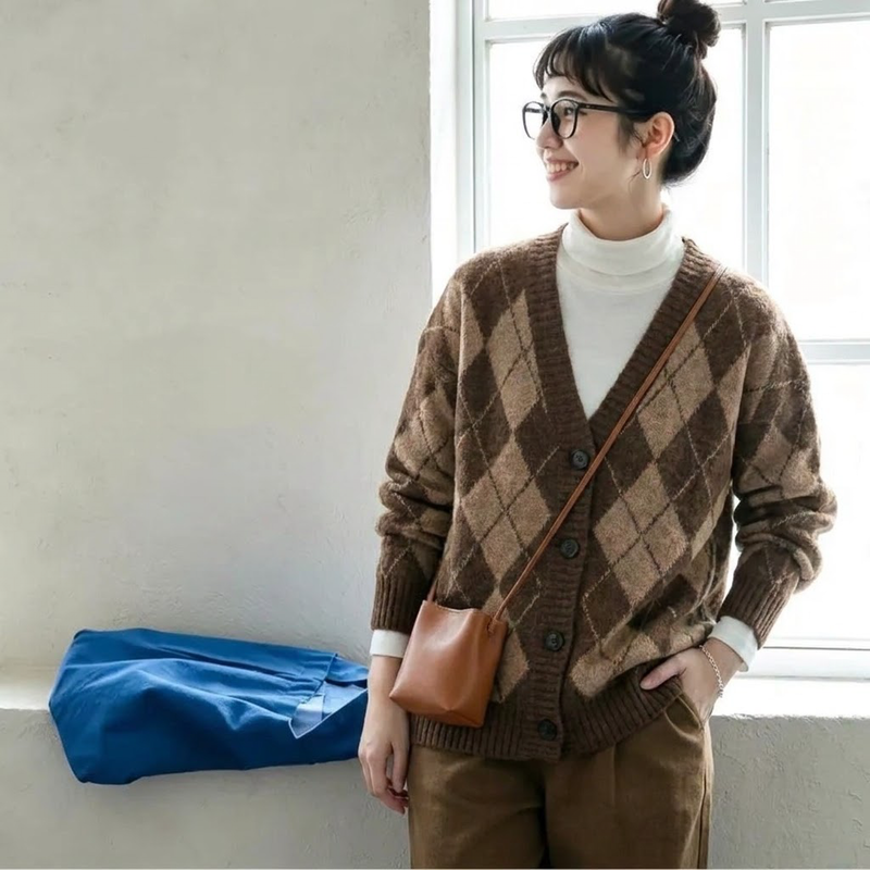 長袖 チェック柄 ボタン 幾何模様 カーディガン