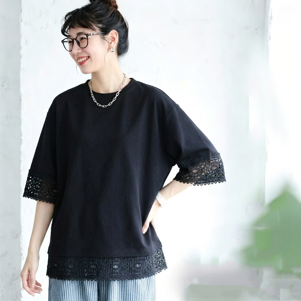 M～4XL レース 切り替え 無地 型崩れしない Tシャツ