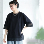 M～4XL レース 切り替え 無地 型崩れしない Tシャツ
