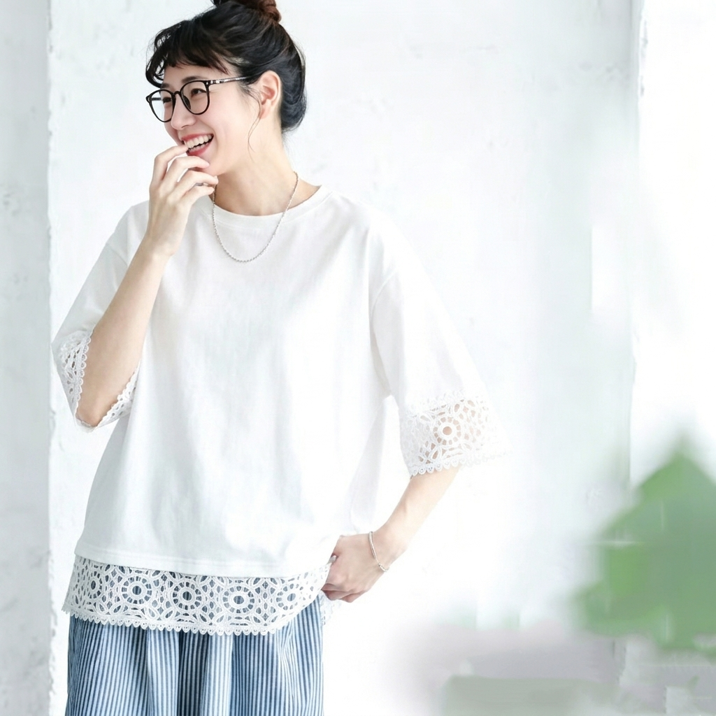 M～4XL レース 切り替え 無地 型崩れしない Tシャツ