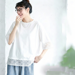 M～4XL レース 切り替え 無地 型崩れしない Tシャツ