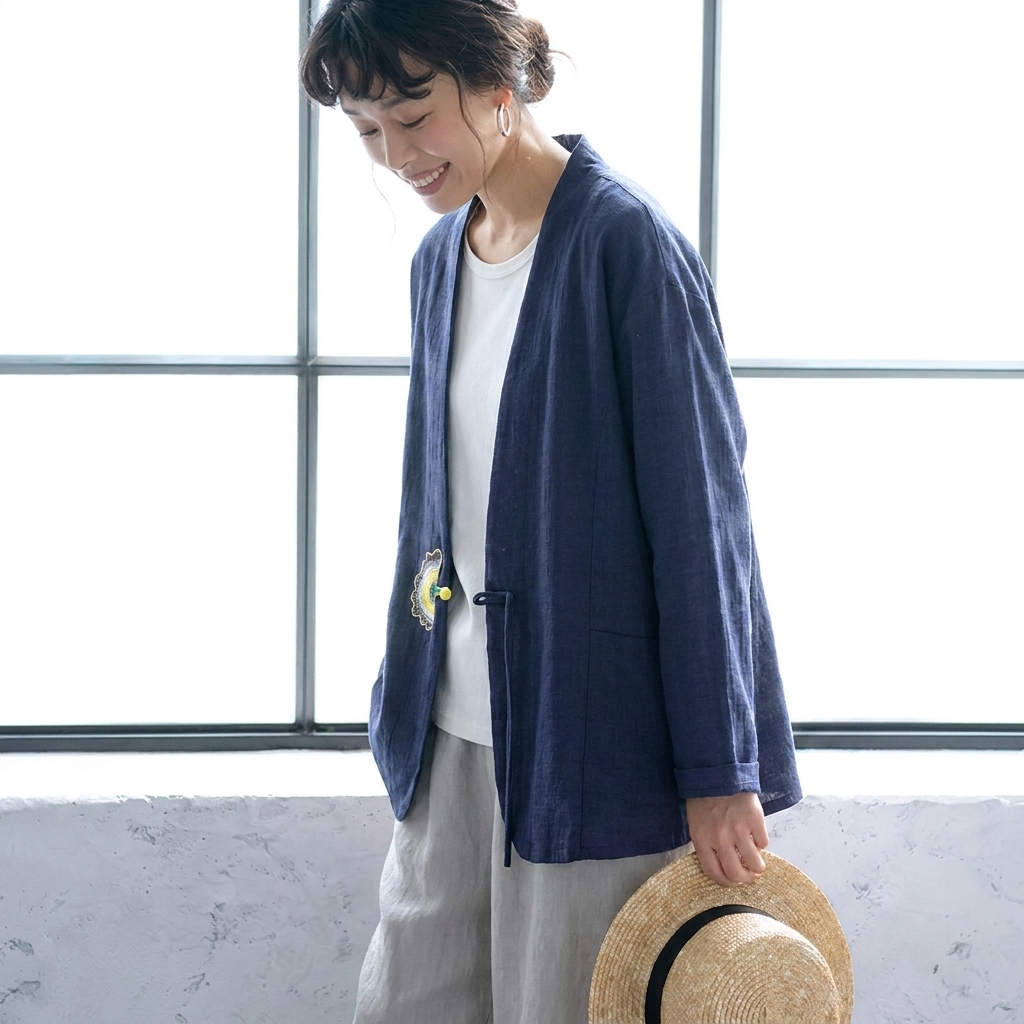 無地 刺繍 長袖 ボタン カーディガン