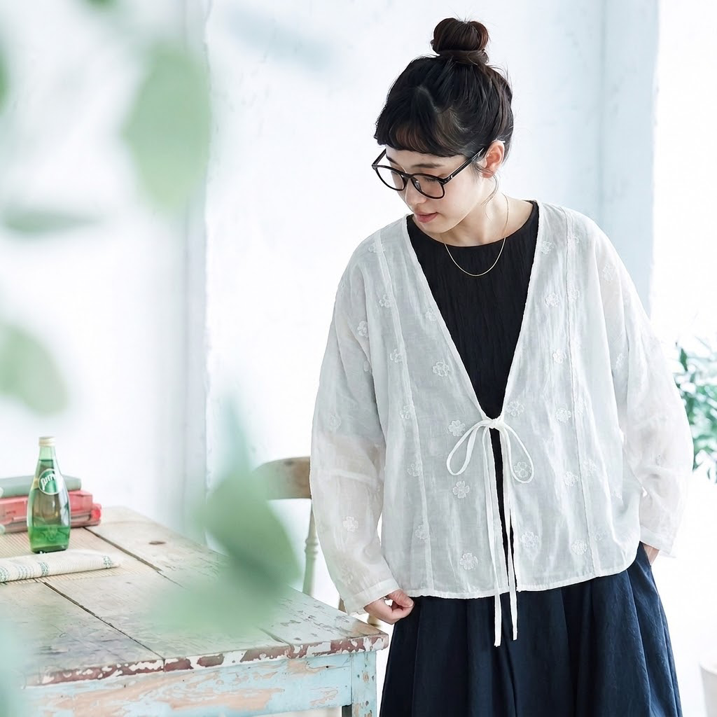 Vネック ビッグシルエット 刺繍 レトロ 長袖 カーディガン
