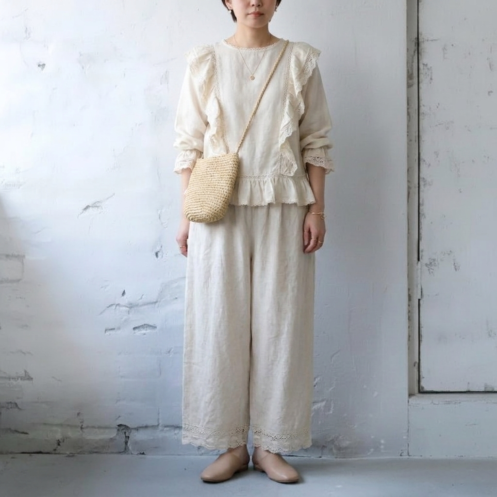綿麻 無地 レース アンクル丈（9分丈） レトロ ガウチョパンツ