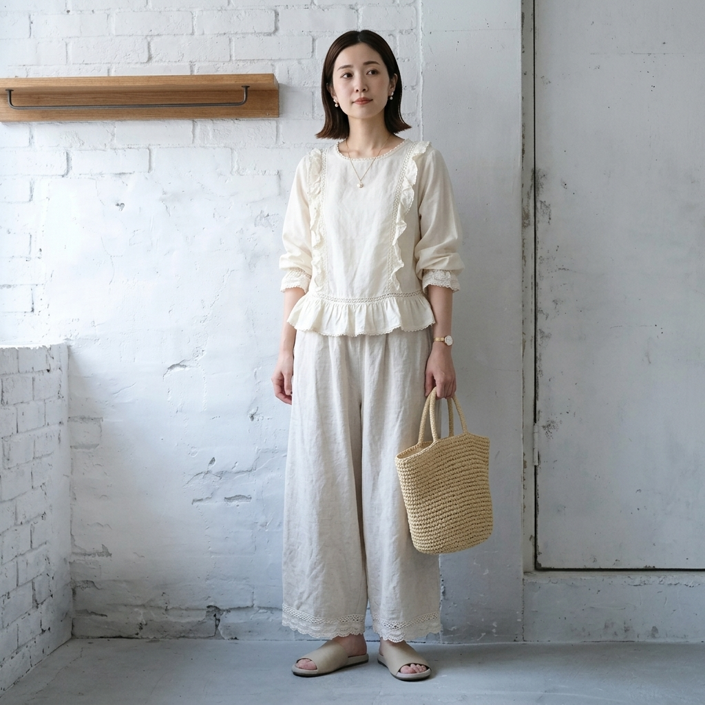 綿麻 無地 レース アンクル丈（9分丈） レトロ ガウチョパンツ
