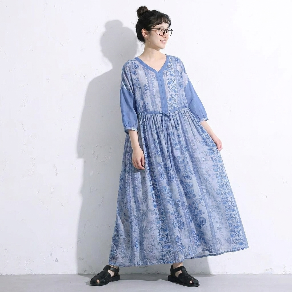七分袖 花模様 プリント Aライン エスニック系 ワンピース