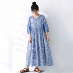 七分袖 花模様 プリント Aライン エスニック系 ワンピース