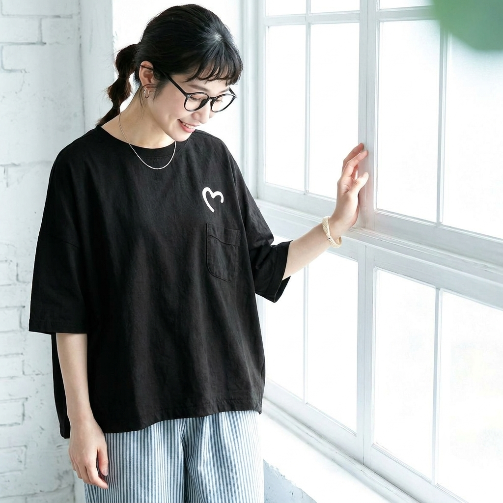 コットン ラウンドネック 半袖 プリント Tシャツ