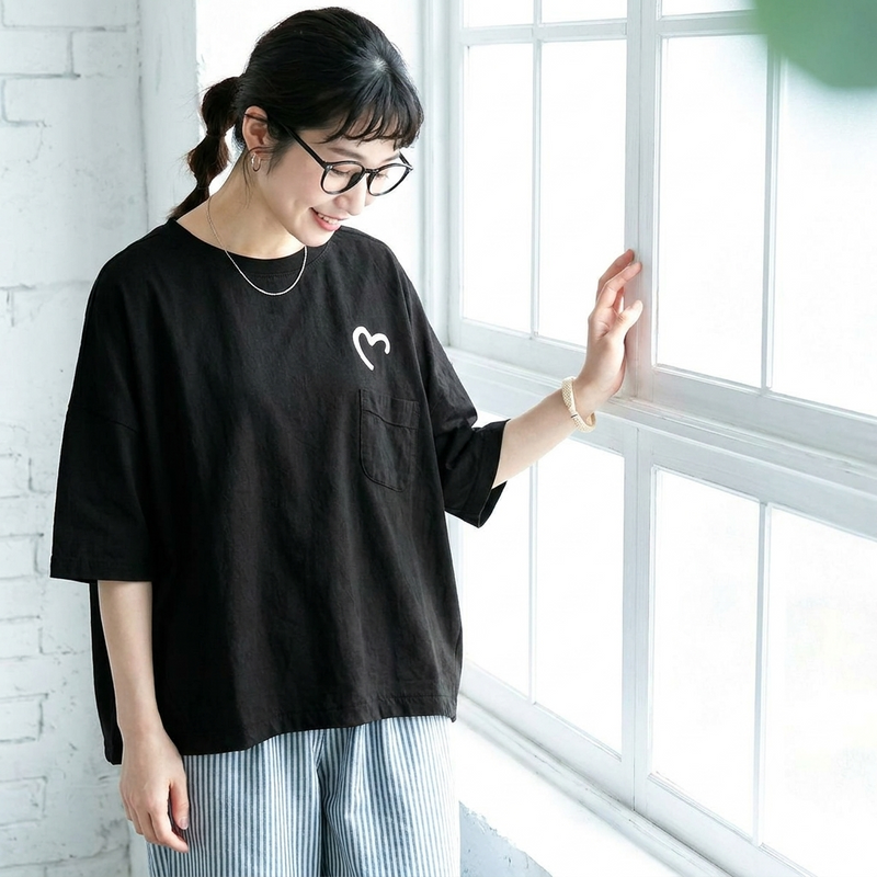 コットン ラウンドネック 半袖 プリント Tシャツ
