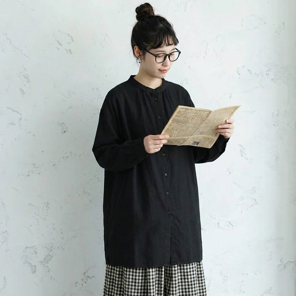 コットン バンドカラー ロングシャツ