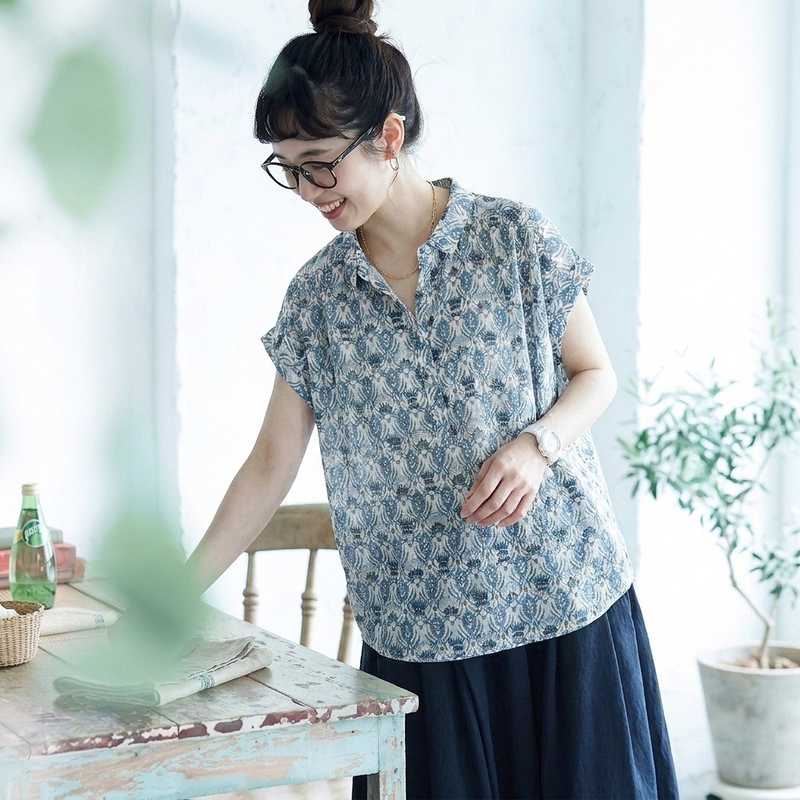 リネン生地 花柄 接触冷感 シャツ