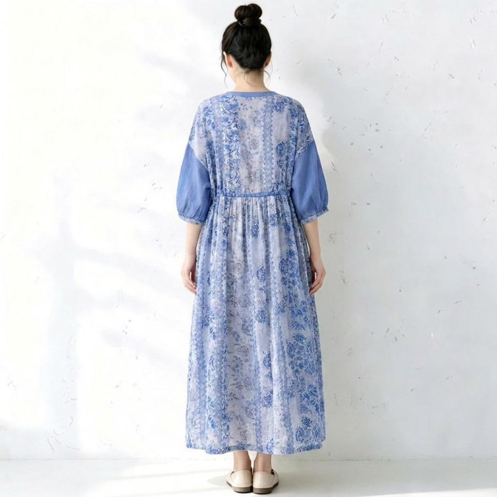 七分袖 花模様 プリント Aライン エスニック系 ワンピース