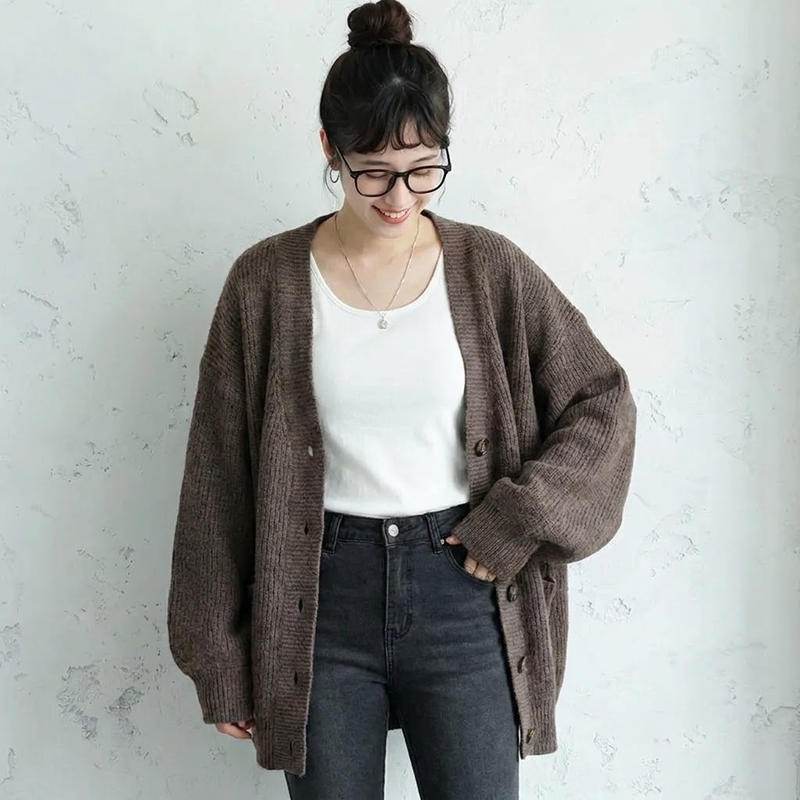 L～4XL 定番 無地 長袖 ボタン カーディガン