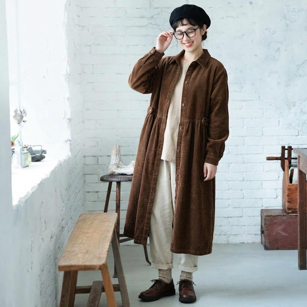 コーデュロイ シャツカラー ギャザー ロング丈 ワンピース