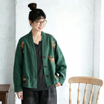 綿麻 刺繍 ボタン レトロ カーディガン