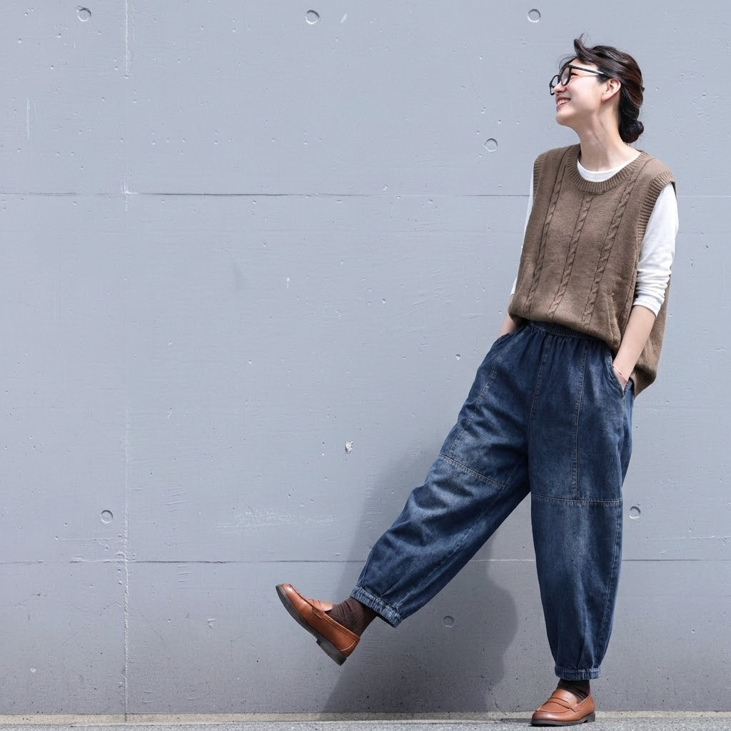 ウエストゴム テーパード デニムパンツ