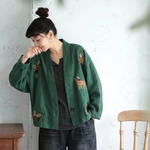 綿麻 刺繍 ボタン レトロ カーディガン