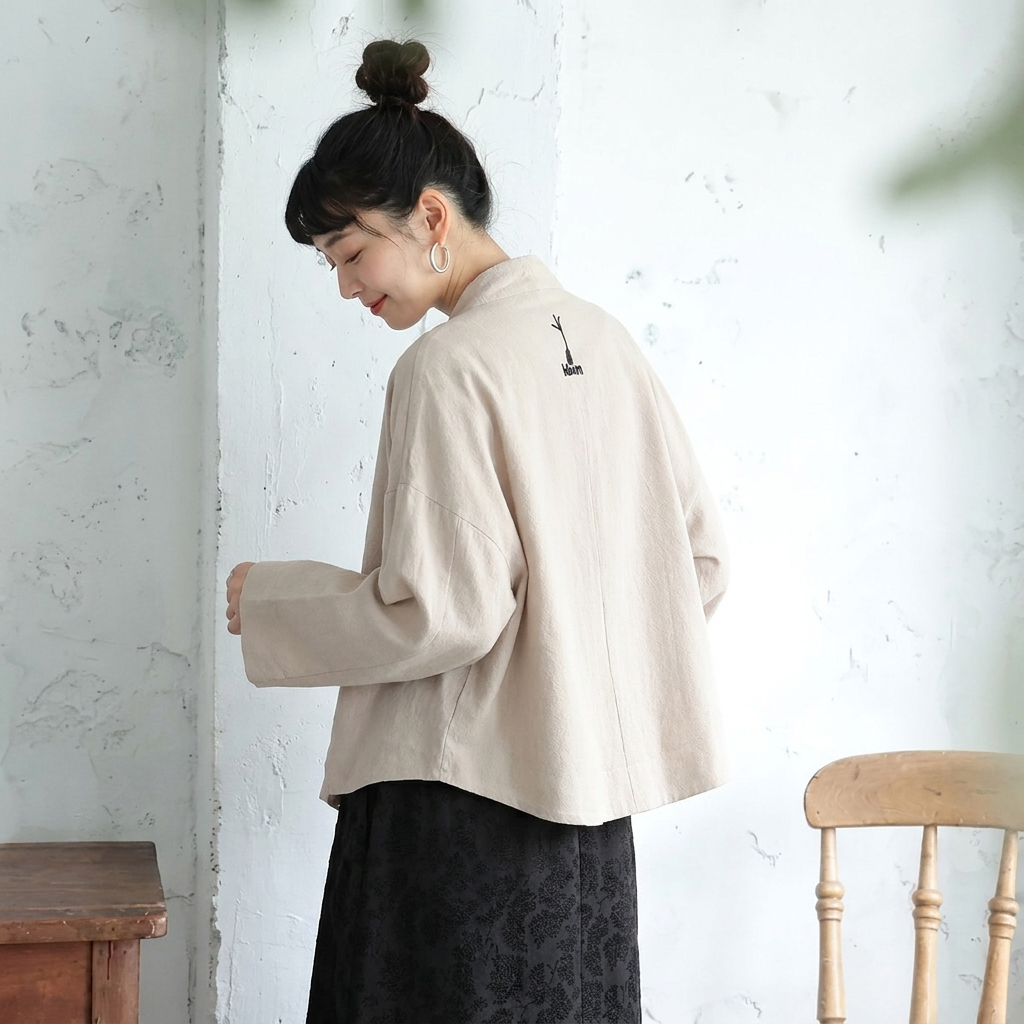 綿麻 刺繍 ボタン レトロ カーディガン